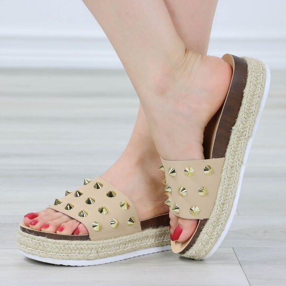 Beige Platform Sandals Gold Studded Slip On Braided Jute Sole Open Toe - Picture 4 of 12